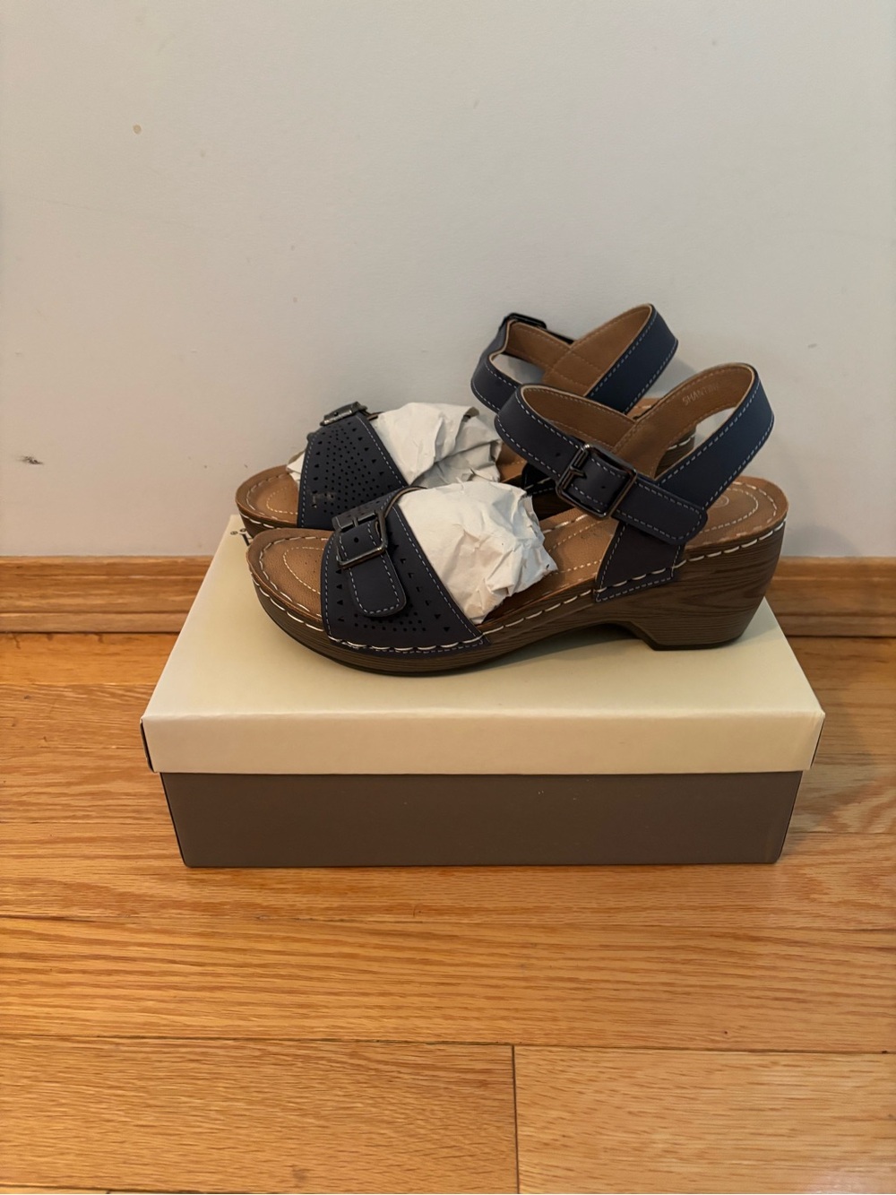 Women’s Navy Buckle Low Block Heel Sandals